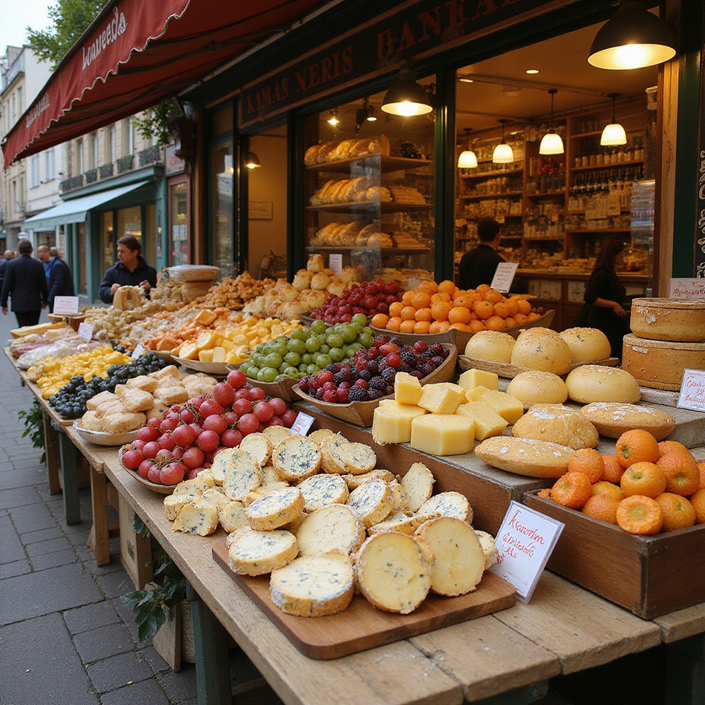 Targ jedzenia w Paryżu z różnorodnymi serami i owocami, świeże produkty