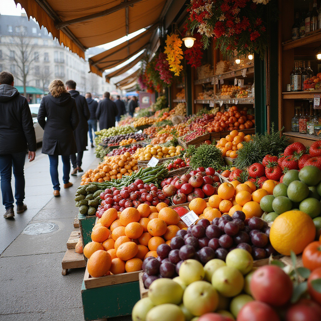 Targ w Paryżu ze straganami owoców i świeżych produktów - zakupy po francusku