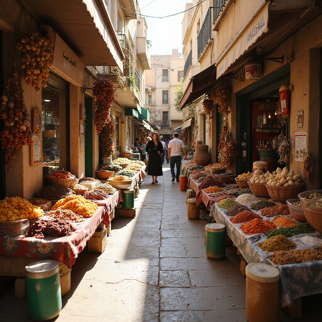Uliczka w Hammamet z targowymi straganami pełnymi lokalnych przysmaków