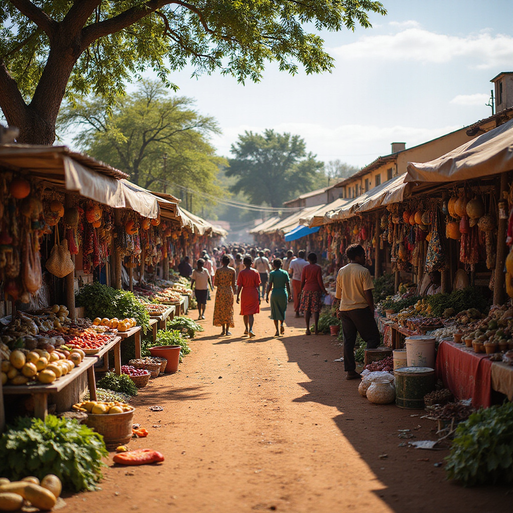 Targowisko w Nakuru z lokalnymi produktami i kolorowymi straganami