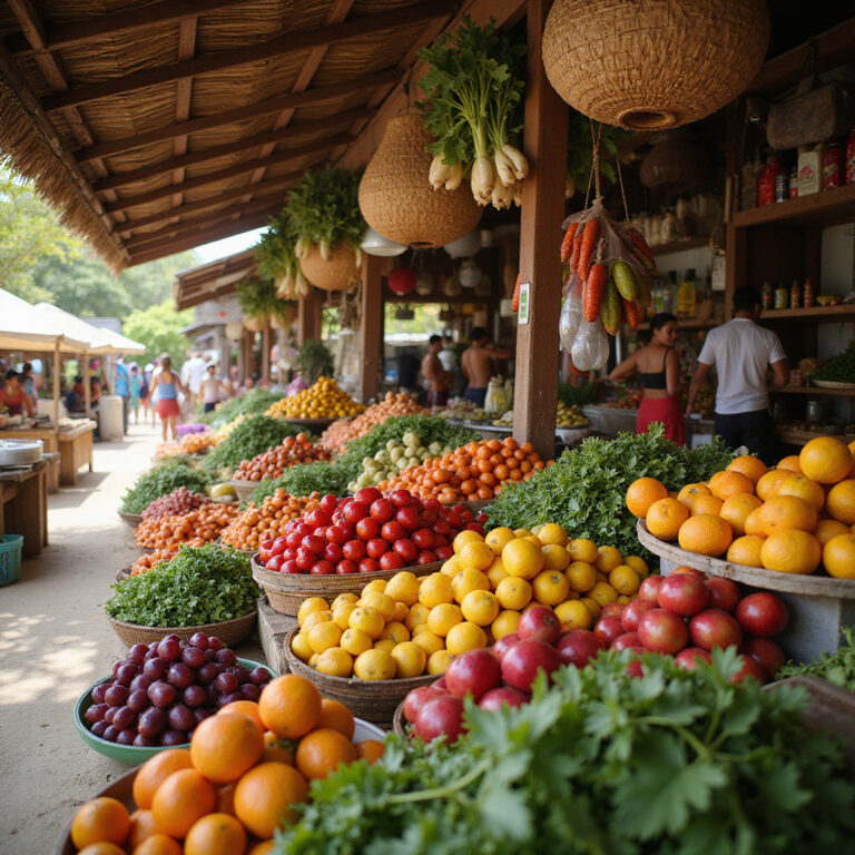 Kolorowe stragany z owocami i warzywami na targu w Tulum, świeże składniki i lokalna kultura
