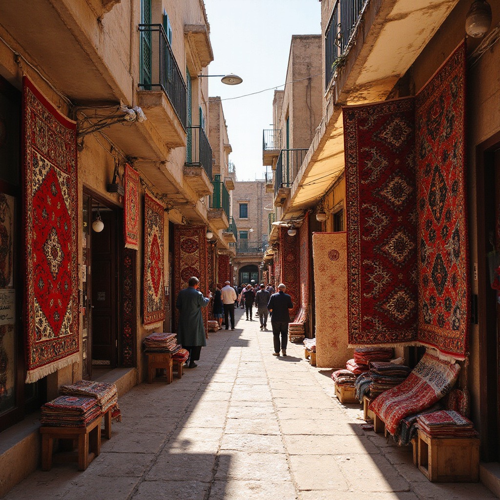 Tradycyjne stragany z dywanami w medynie Kairouan