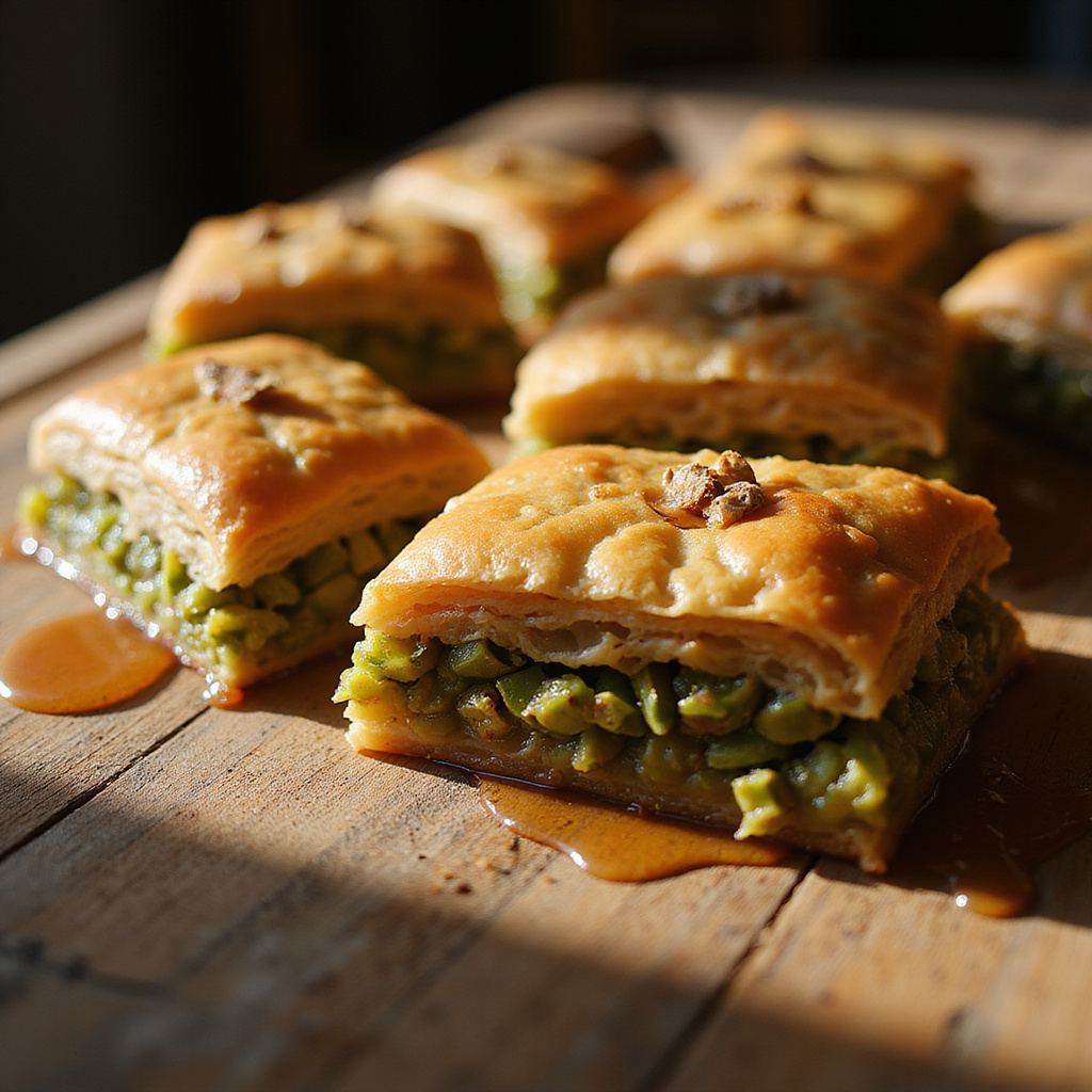 Tradycyjna baklava z pistacjami i miodem na drewnianym stole