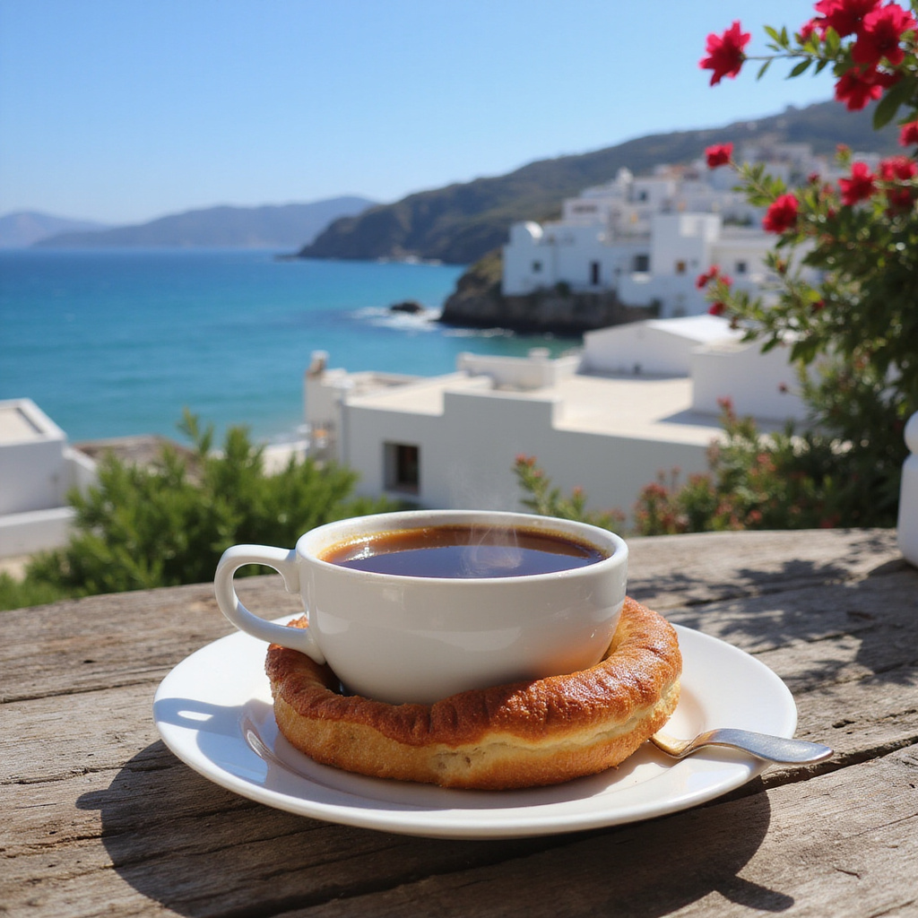 Tradycyjna grecka kawa w briki z widokiem na morze
