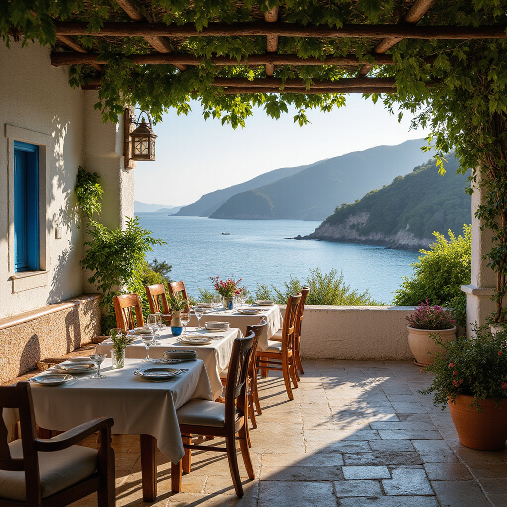Tradycyjna grecka tawerna w Korfu z widokiem na zatokę