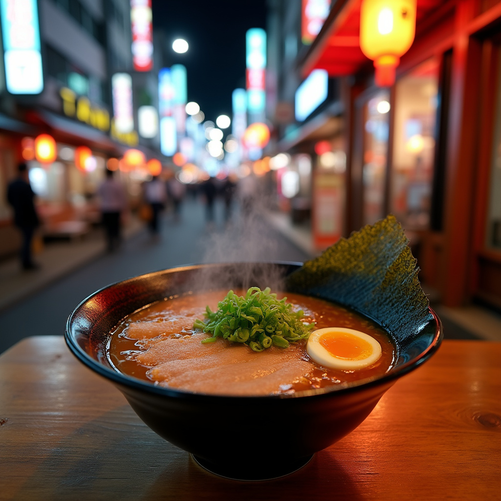 Miska ramenu z chashu, jajkiem i nori na tle tokijskiej ulicy