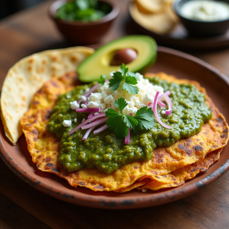 Tradycyjne meksykańskie śniadanie chilaquiles z sosem verde i serem