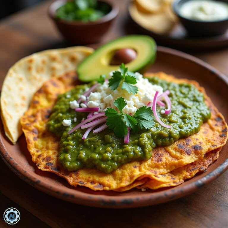 Tradycyjne meksykańskie śniadanie chilaquiles z sosem verde i serem