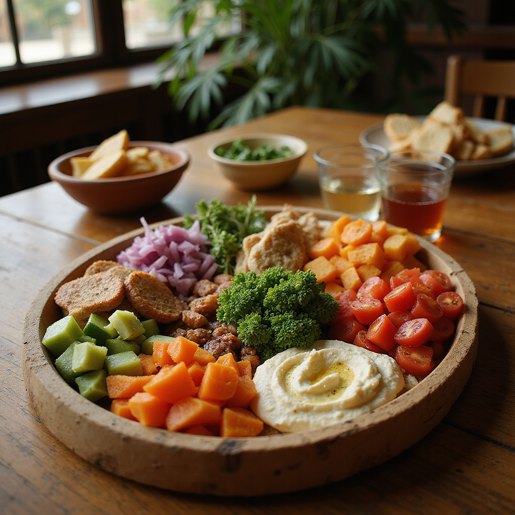 Talerz z tradycyjnym cypryjskim meze, świeże warzywa i hummus na drewnianym stole