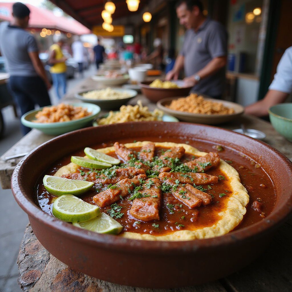 Tradycyjne meksykańskie jedzenie na targu w Oaxaca z mole i tlayudas