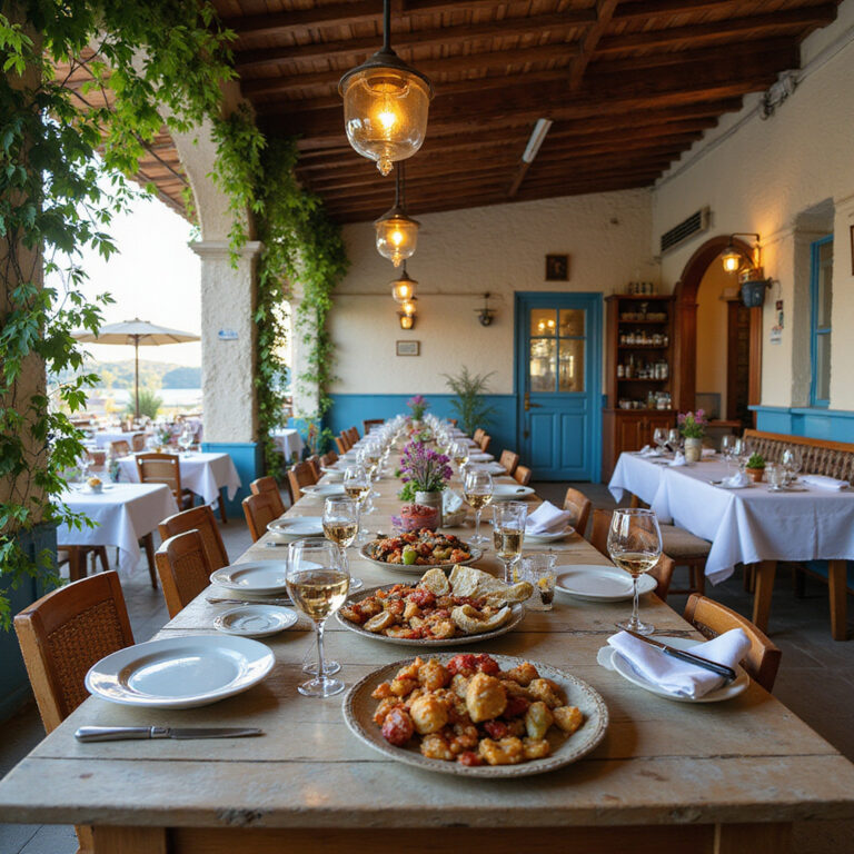 Tradycyjne greckie dania w tawernie w Patras, świeże owoce morza i lokalne wino