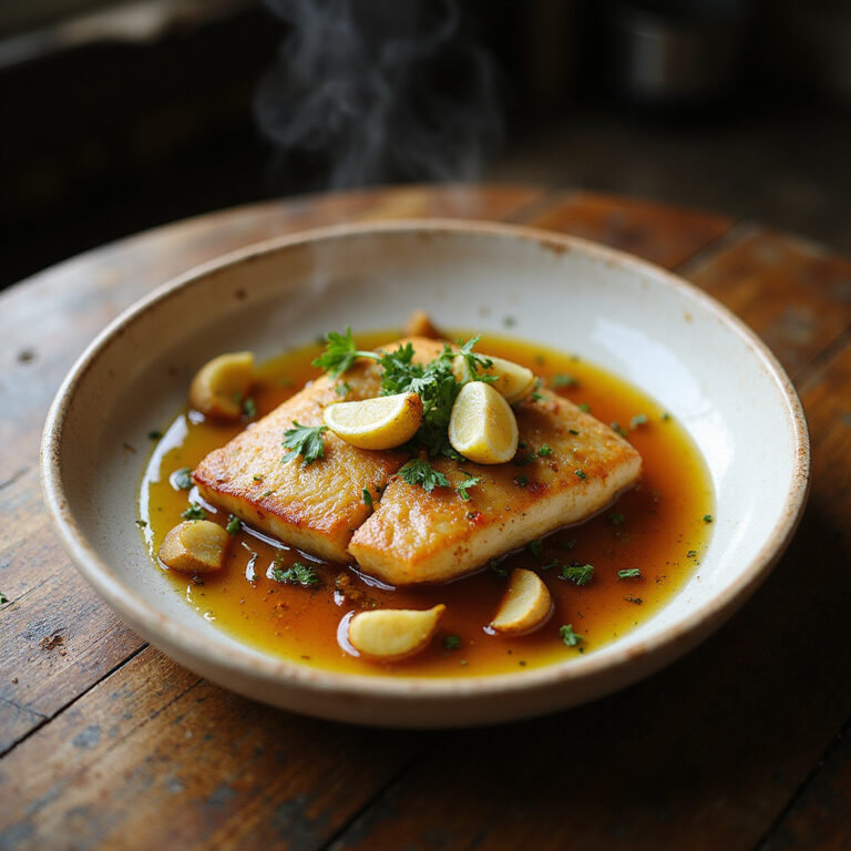 Tradycyjne danie kuchni baskijskiej bacalao al pil-pil na drewnianym stole