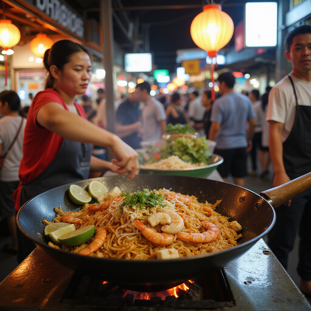 Tradycyjne danie Pad Thai serwowane na ulicy w Bangkoku