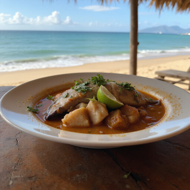 Tradycyjne danie dominikańskie Pescado con Coco serwowane na plaży w Las Terrenas