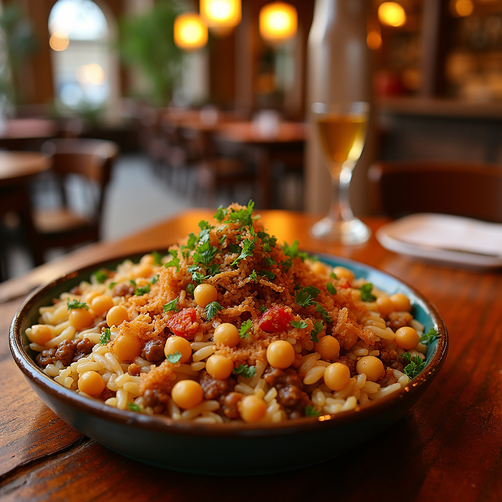 Tradycyjne egipskie danie Koshary w restauracji w Szarm el-Szejk