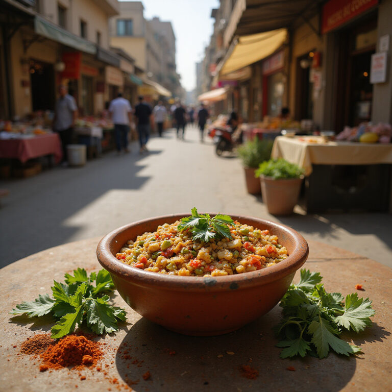 Tradycyjne egipskie danie wegetariańskie ful medames na tle ulicy w Kairze