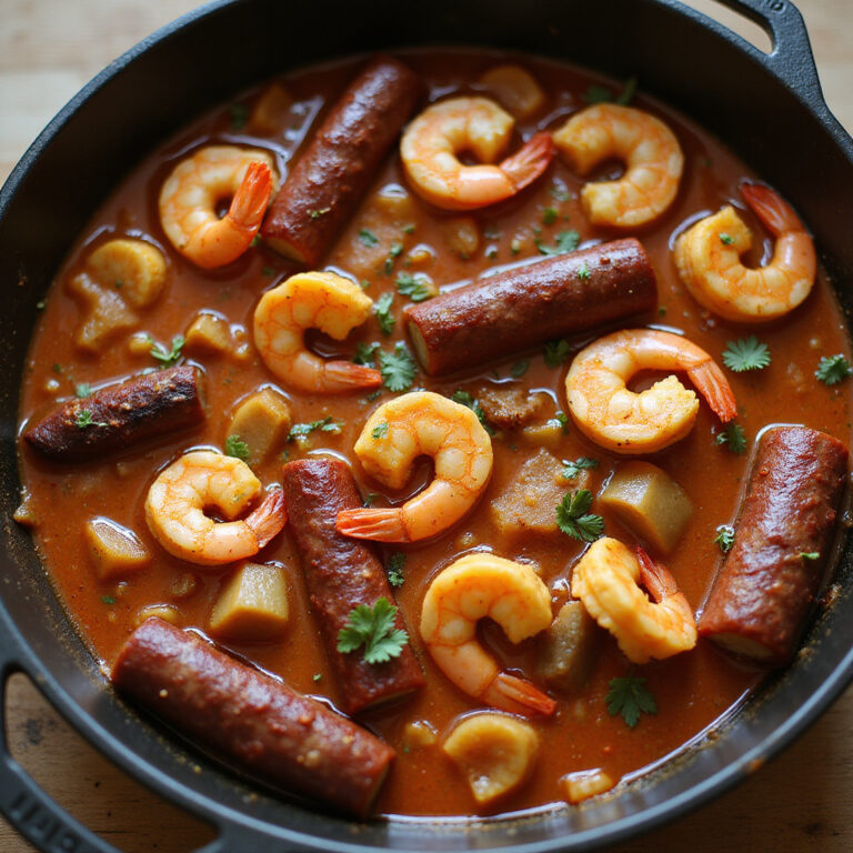 Tradycyjne gumbo z krewetkami i kiełbasą, gotowane w żeliwnym garnku