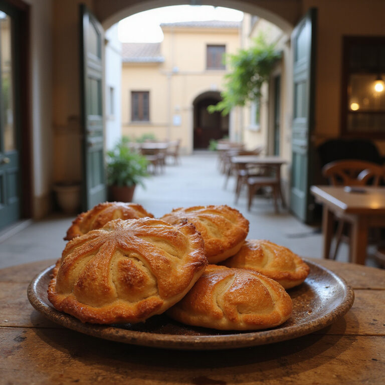 Tradycyjne kalitsounia na drewnianym stole z widokiem na ulicę w Chania