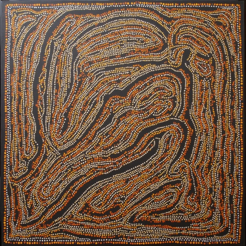 Tradycyjne malowidła Tiwi na korze drzewa, przedstawiające wzory kulturowe