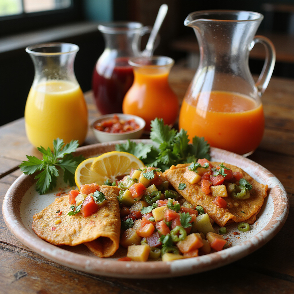 Tradycyjne meksykańskie śniadanie z chilaquiles i świeżymi sokami