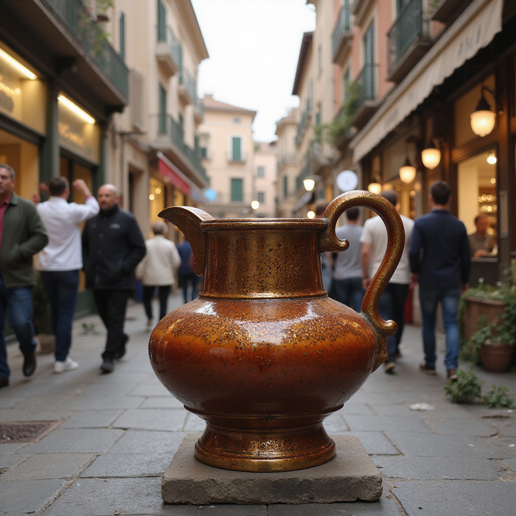 Tradycyjne naczynie z fermentowanym sosem garum na tle rzymskiej ulicy