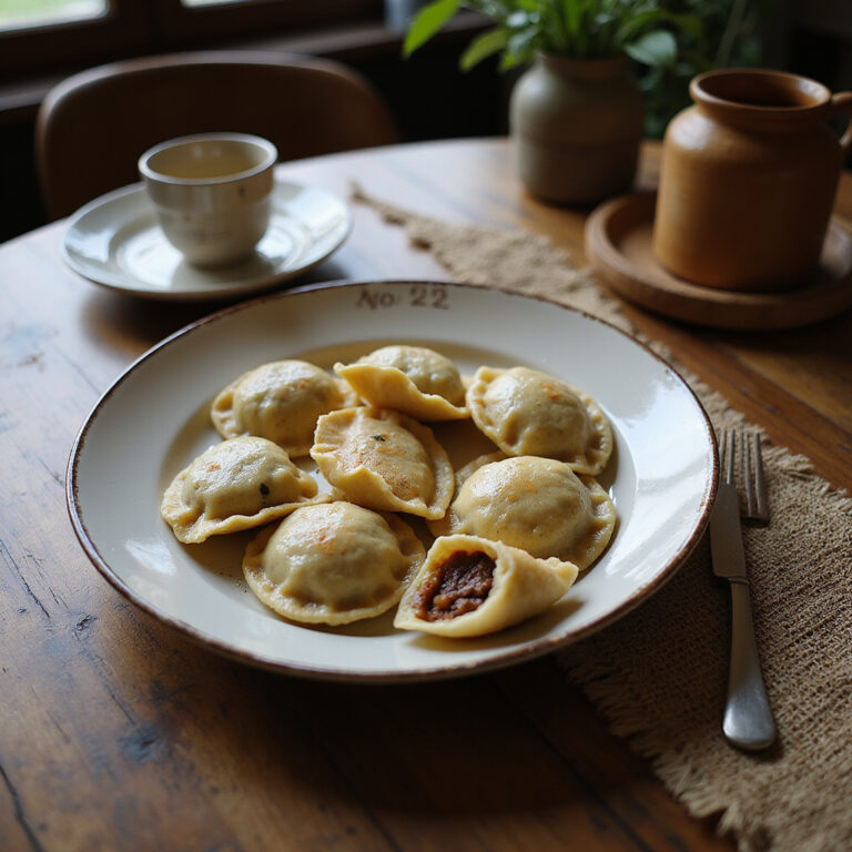 Tradycyjne pierogi ruskie Kraków na drewnianym stole