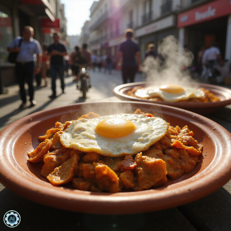 Tradycyjne meksykańskie śniadanie z chilaquiles i huevos rancheros, serwowane na ulicy w Meksyku