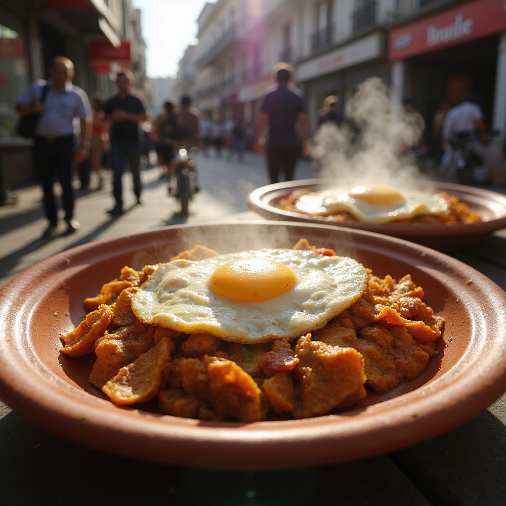 Tradycyjne meksykańskie śniadanie z chilaquiles i huevos rancheros, serwowane na ulicy w Meksyku