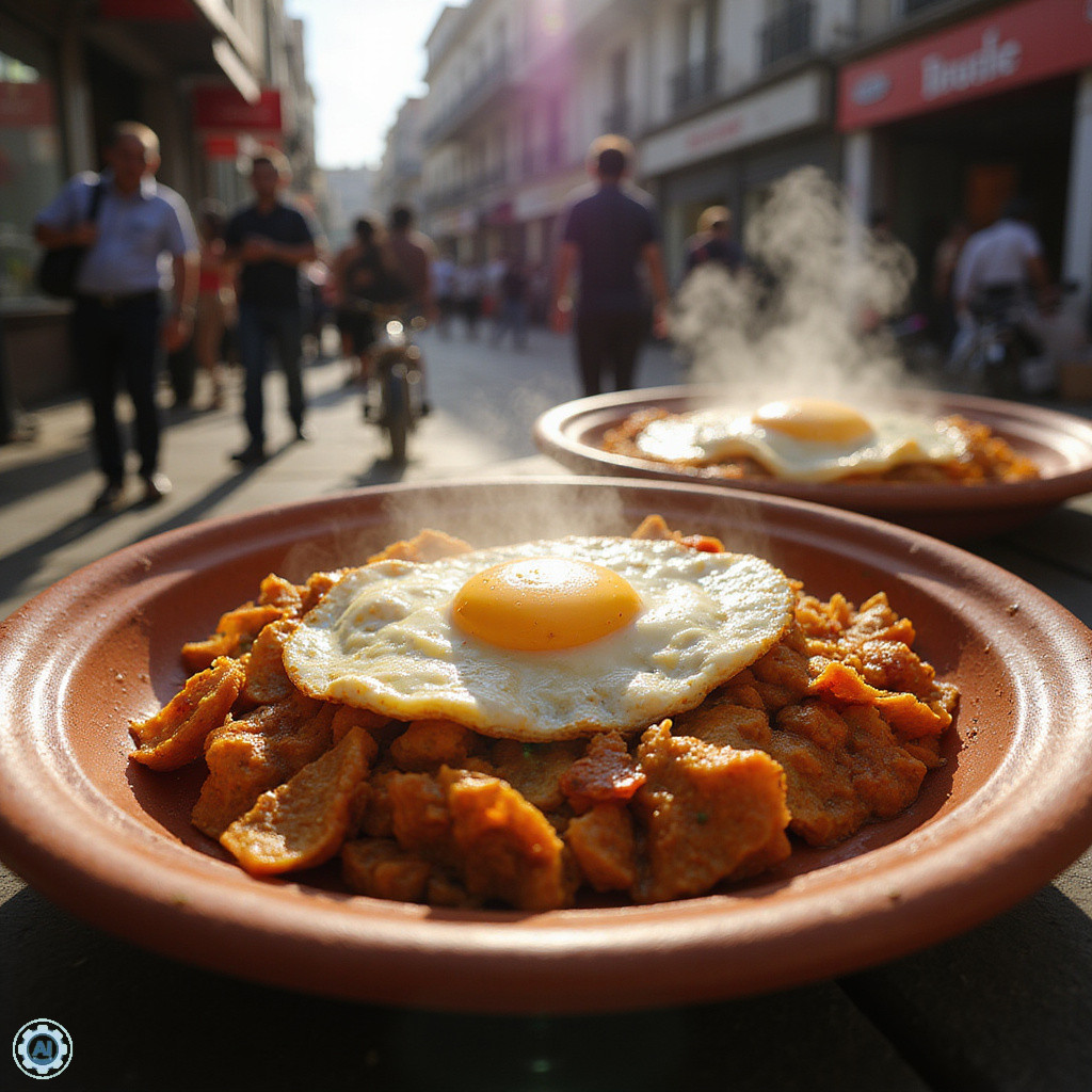 Tradycyjne meksykańskie śniadanie z chilaquiles i huevos rancheros, serwowane na ulicy w Meksyku