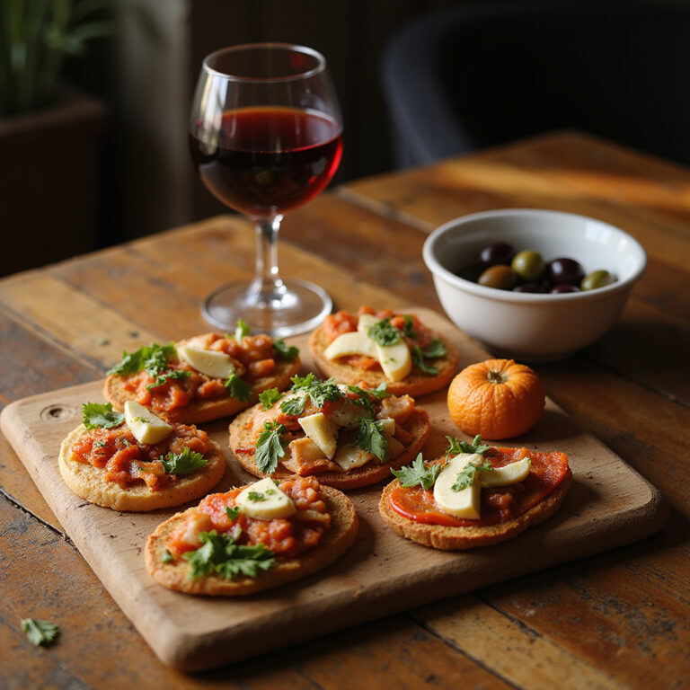 tapas na drewnianym stole z winem i oliwkami