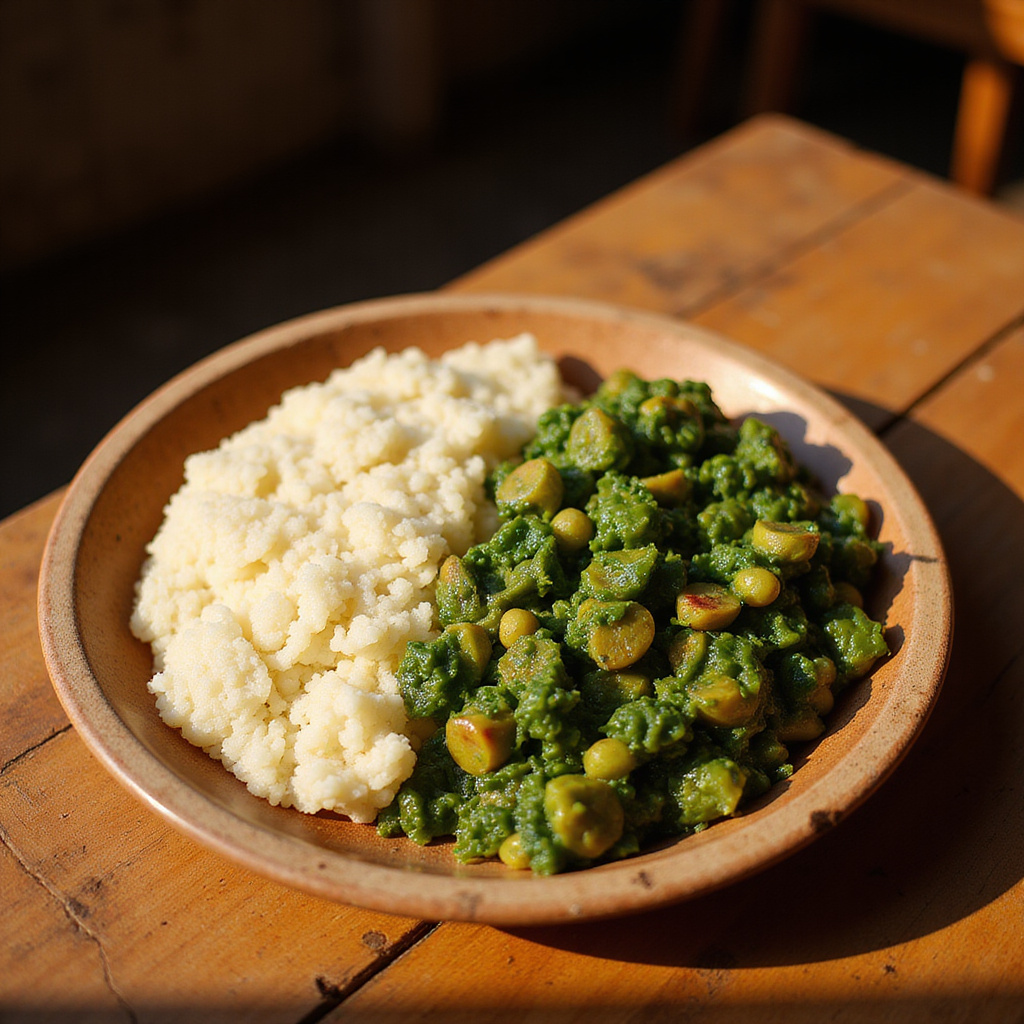 Tradycyjne ugali i sukuma wiki na drewnianym stole w Kenii