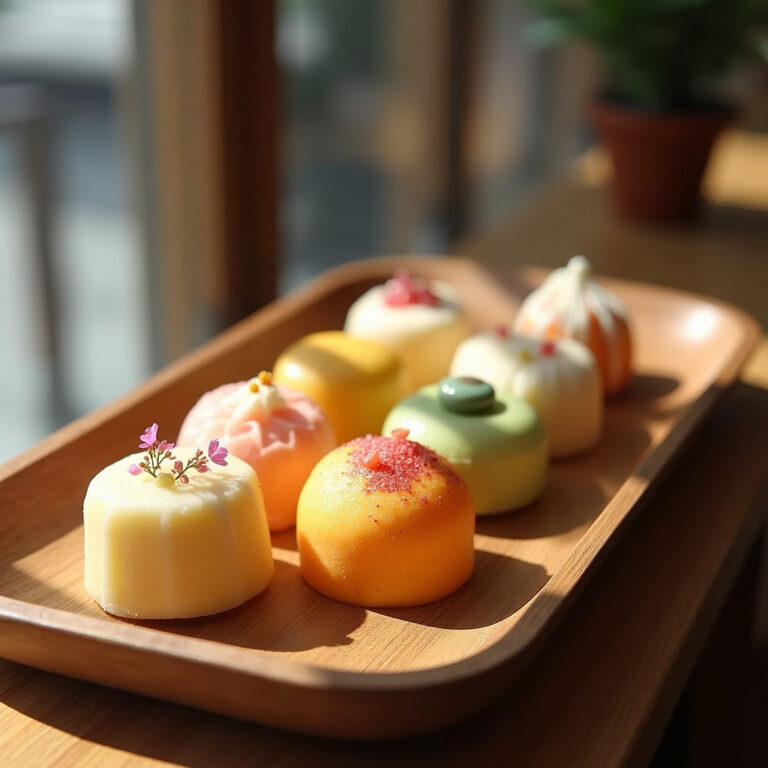 Tradycyjne wagashi na drewnianej tacce w tokijskiej cukierni