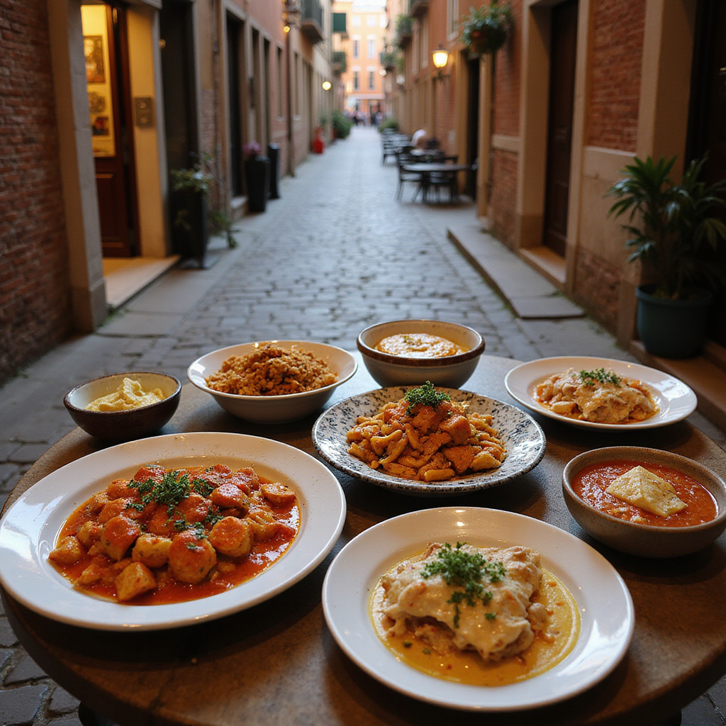 tradycyjne weneckie jedzenie na tle kamiennych uliczek