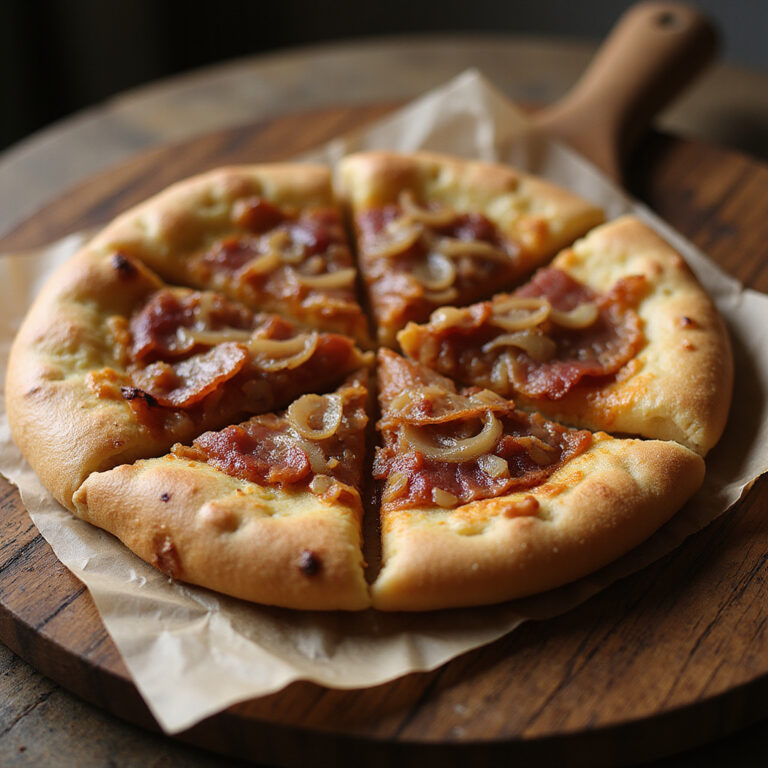 Tradycyjny Flammkuchen z boczkiem i cebulą na drewnianym stole