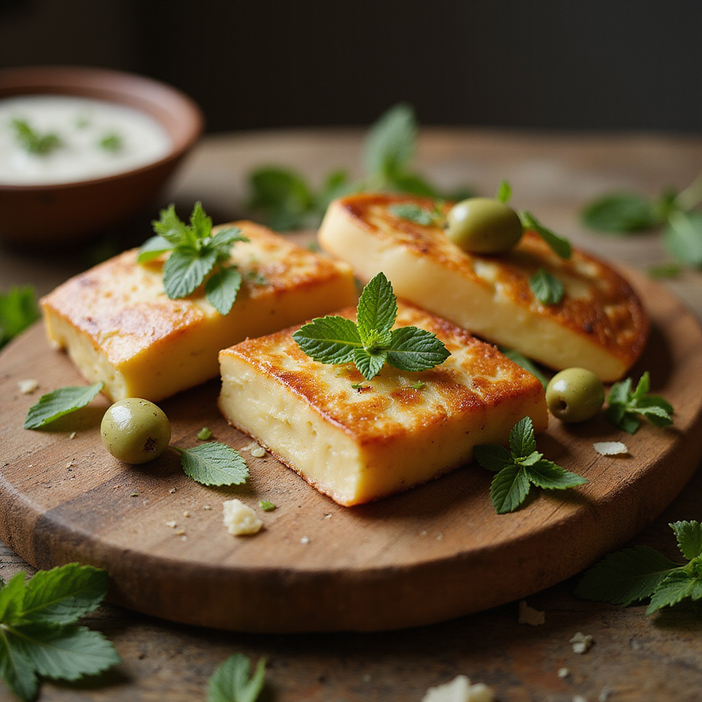 Tradycyjny ser halloumi na drewnianej desce z miętą i oliwkami