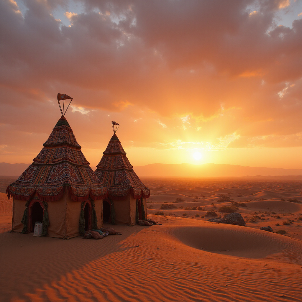 Tradycyjne beduińskie namioty na tle zachodzącego słońca, pustynny krajobraz