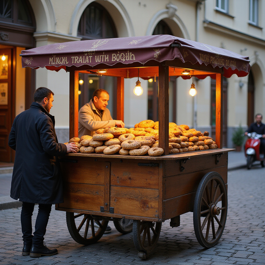 Uliczny sprzedawca obwarzanków w Krakowie, charakterystyczny wózek z pieczywem
