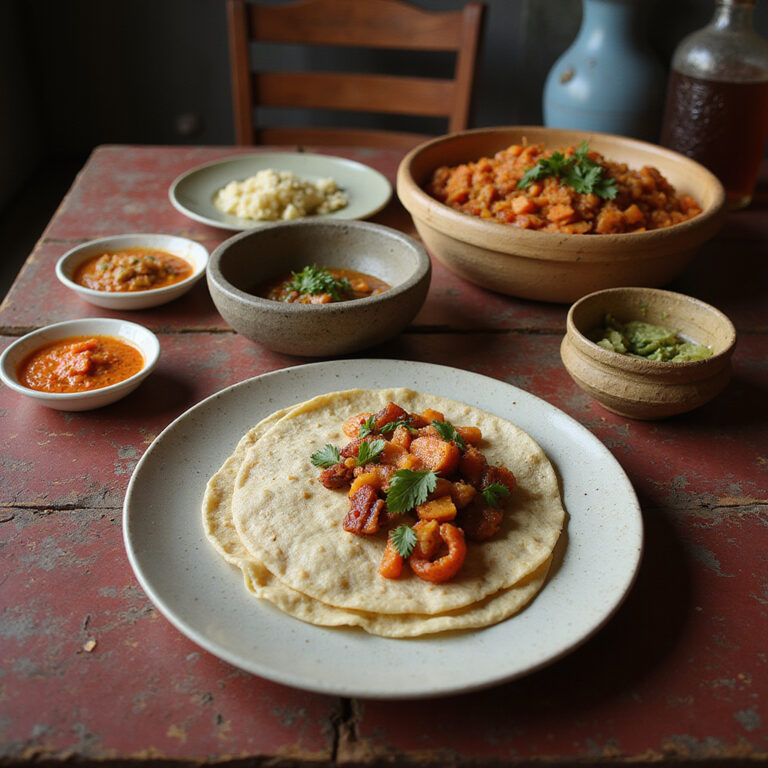 Tradycyjna comida corrida na stole w małej fondzie w Meksyku, świeże tortille i aromatyczne dania