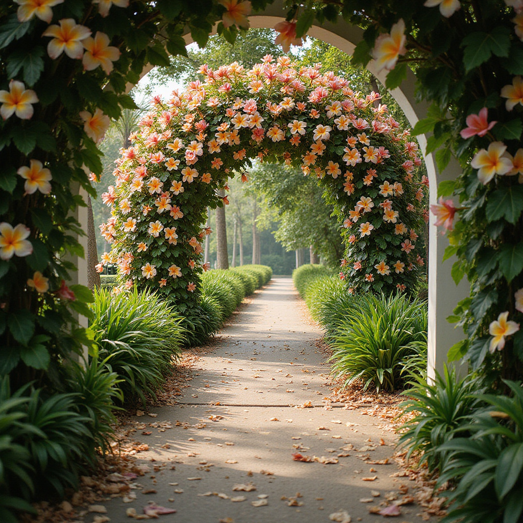 Plumeria Tunnel w pałacowych ogrodach Hua Hin z kwitnącymi frangipani