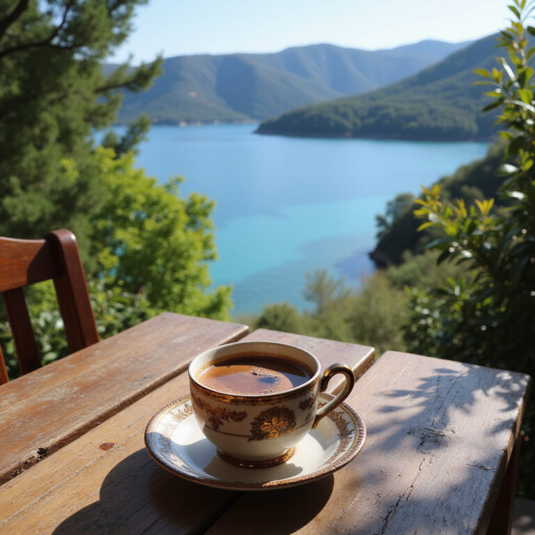 turecka kawa w Marmaris serwowana w tradycyjnej filiżance z widokiem na morze