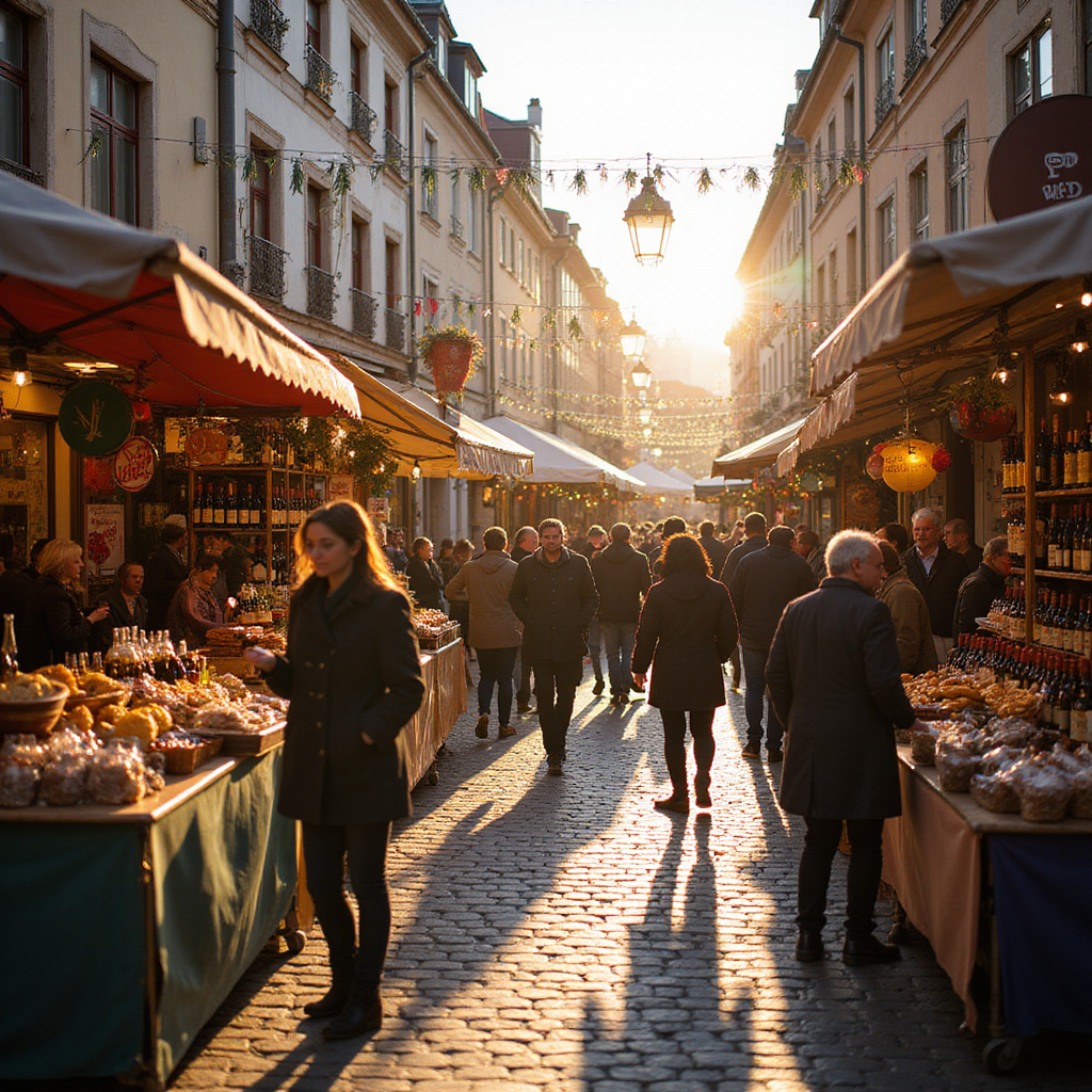 Ulica w Brnie podczas festiwalu wina z tłumem ludzi i straganami