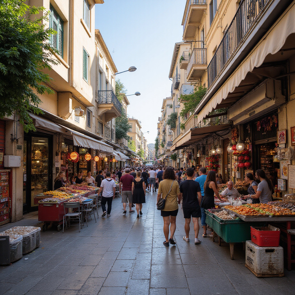 Ulica w Atenach w okolicach Mercado Central z tętniącym życiem targiem