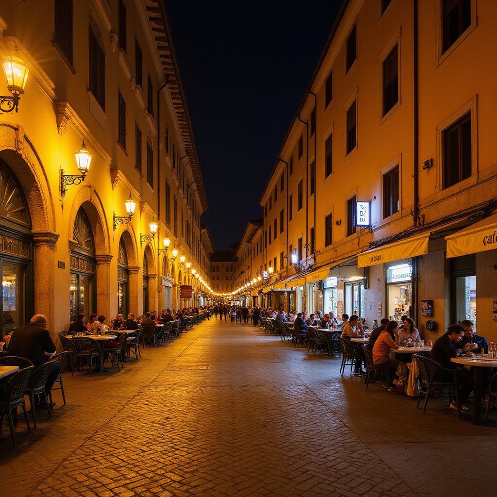 Ulica w Bolonii nocą z oświetlonymi arkadami i kawiarniami