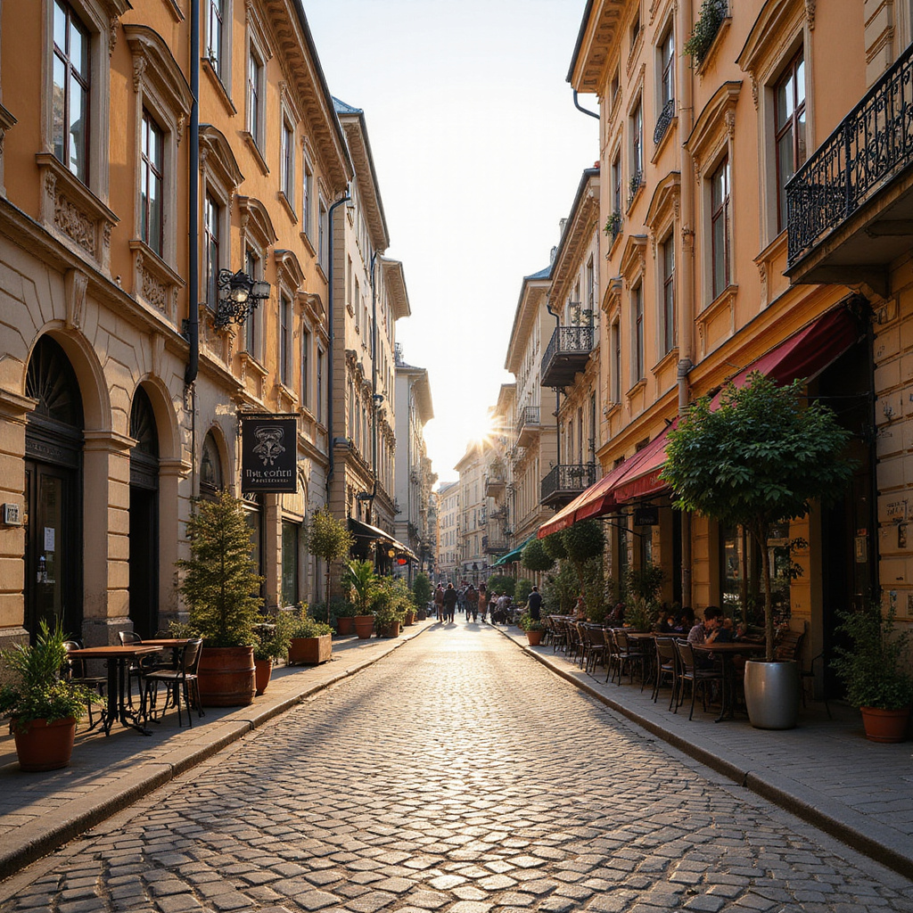 Ulica w Bukareszcie z widokiem na zabytkowe budynki i współczesne kawiarnie
