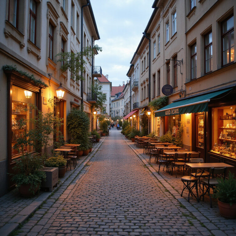 Ulica w Brnie z widokiem na zabytkowe kamienice i kawiarnie, idealne noclegi w Brnie