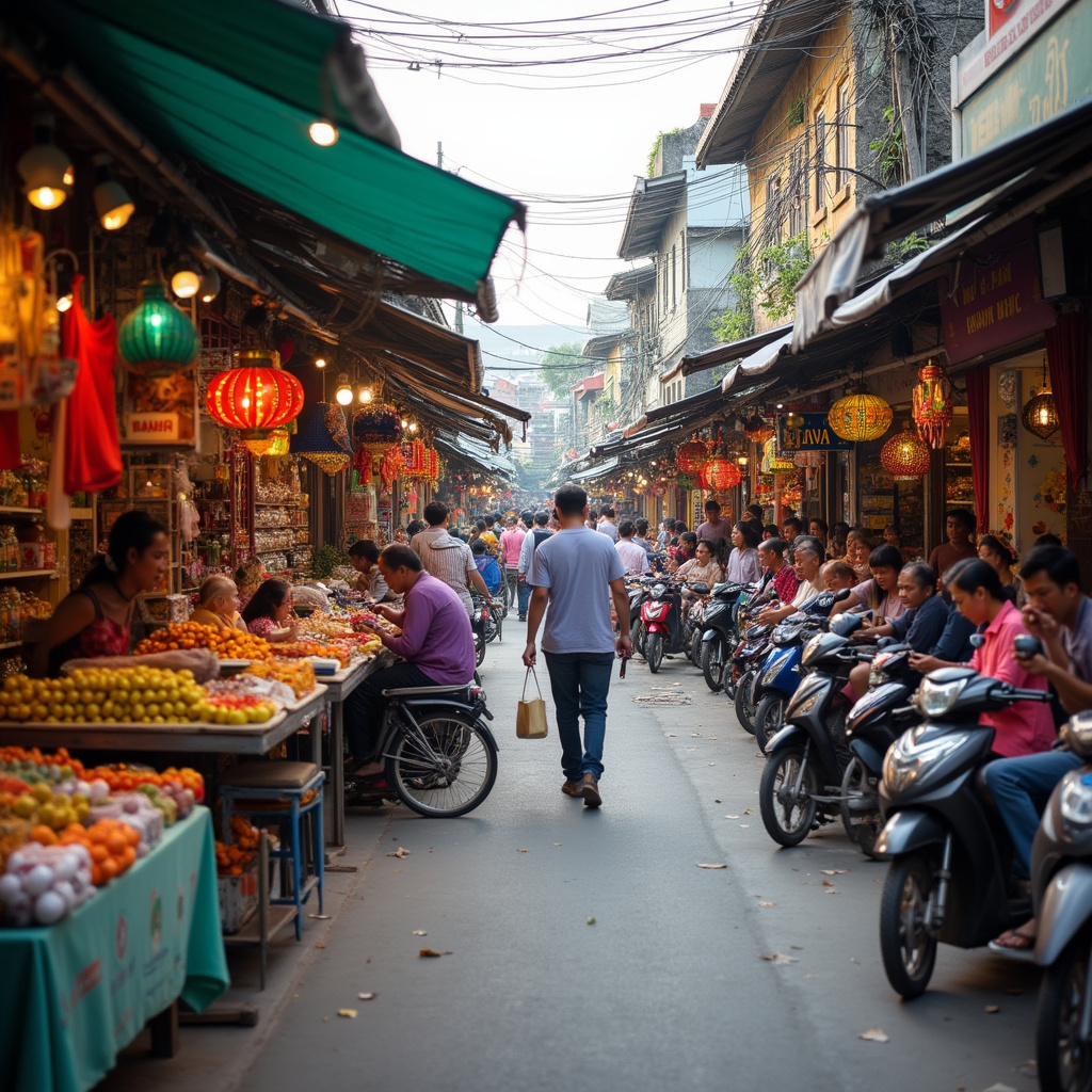 ulica w Da Nang z lokalnymi straganami i tłumem ludzi