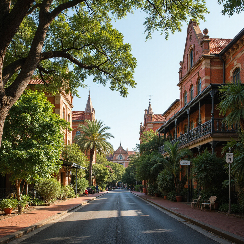 Ulica w Darwin z tropikalną roślinnością i zabytkowymi budynkami
