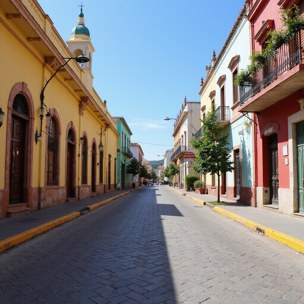 Ulica w Guadalajarze z kolorowymi muralami i neokolonialnymi fasadami, idealna na samodzielne zwiedzanie