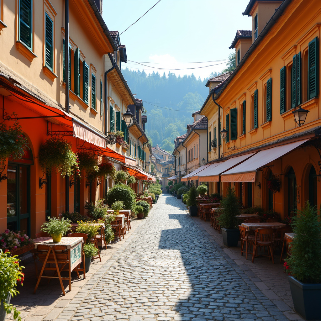 Ulica w Karlowych Warach z zabytkowymi budynkami i kawiarniami