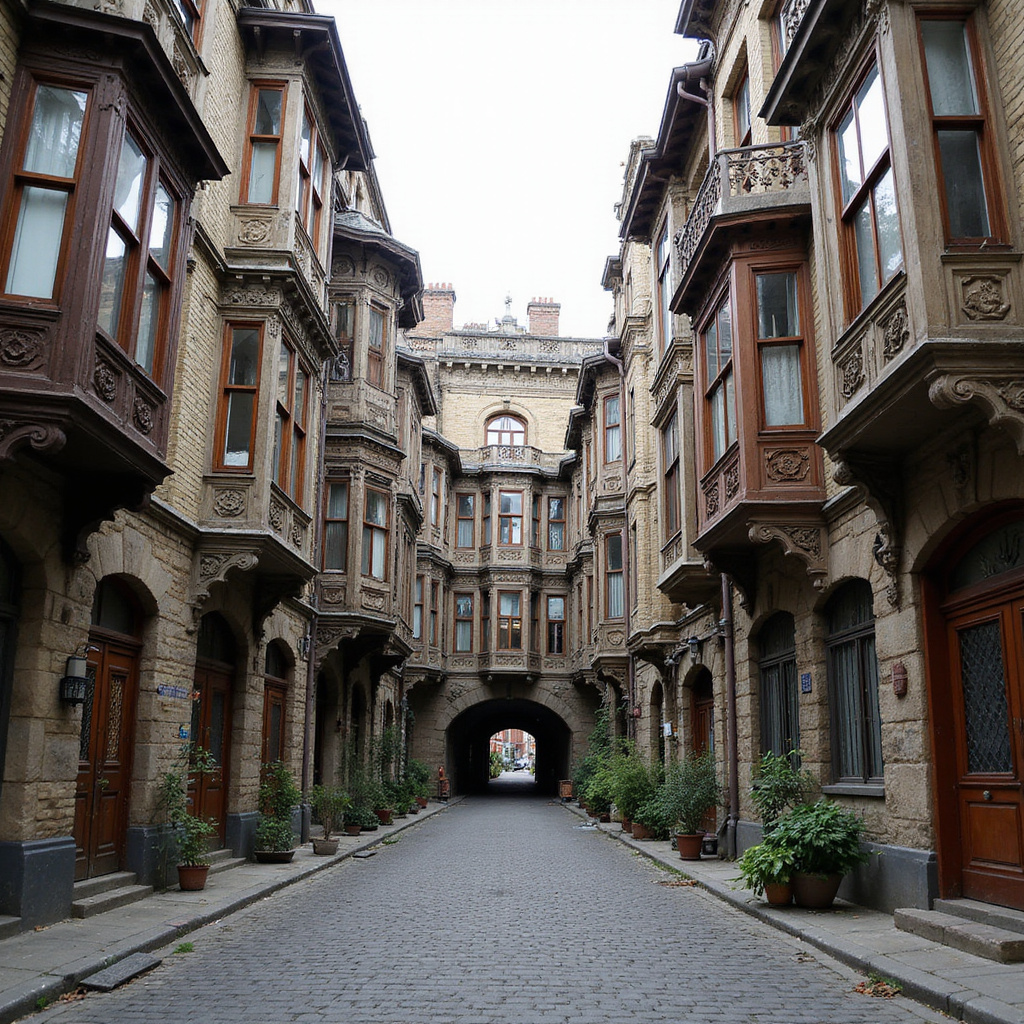 Ulica w Księżym Młynie z zabytkowymi kamienicami i kostką brukową